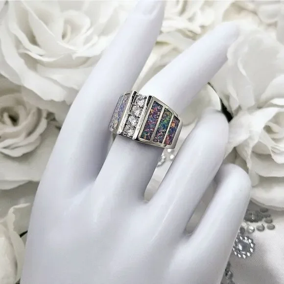 Moissanite & White Lavender Opal Cocktail Ring on 925 Sterling Silver - Picture 6 of 8